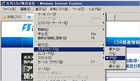 ブラウザの文字サイズ変更機能の使い方(Microsoft Internet Explorerの場合)